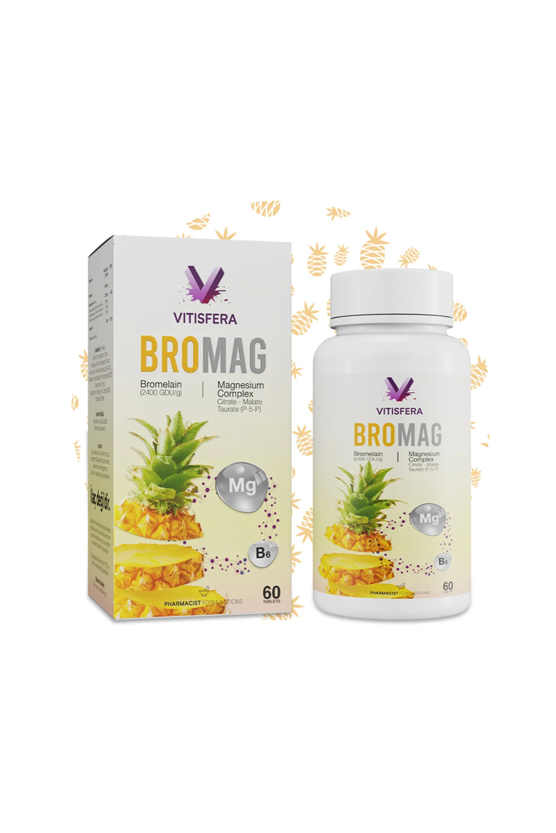 قرص بروماگ بروملین حاوی منیزیم و ویتامین B6 برند Vitisfera- بسته 60 عددی