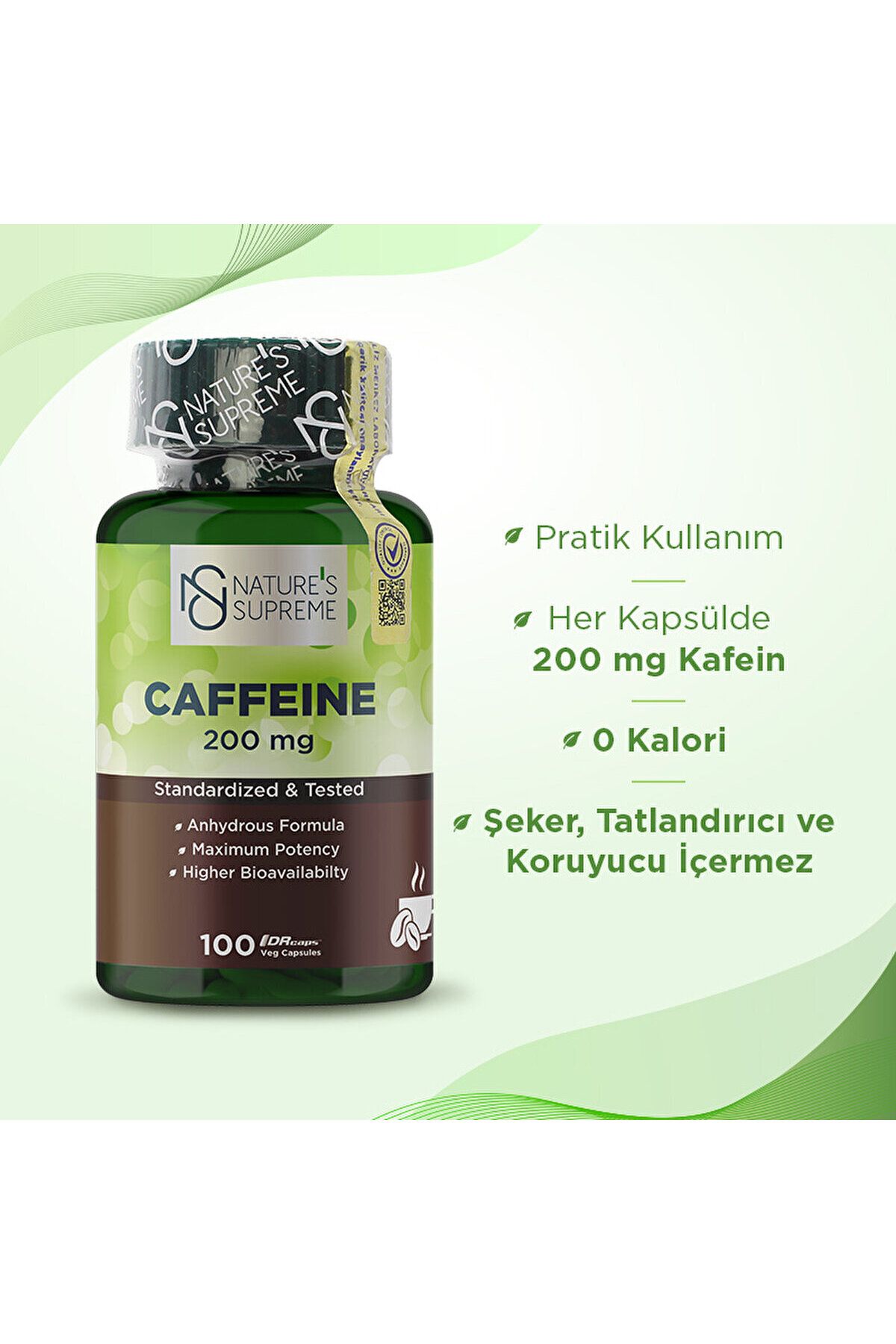 کپسول کافئین ۱۰۰ میلی گرم Natures Supreme - بسته ۱۰۰ عددی