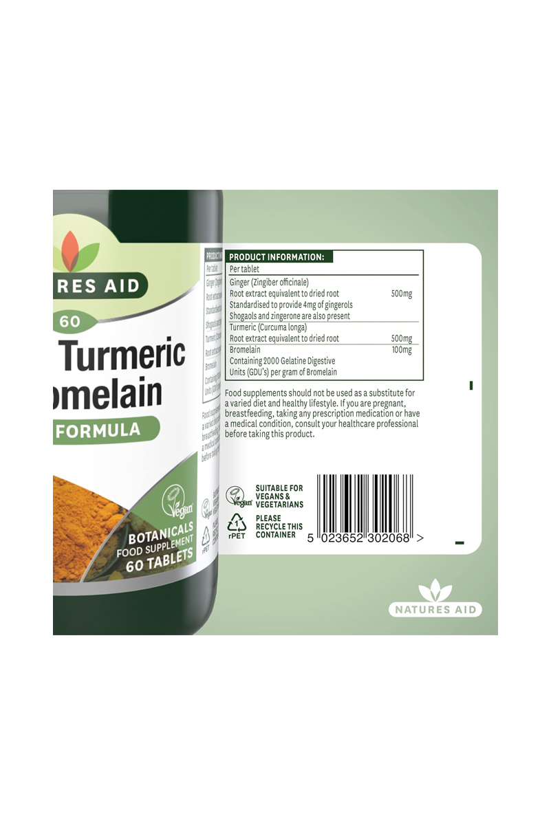 قرص زنجبیل، زردچوبه و بروملین Natures Aid - بسته ۶۰ عددی