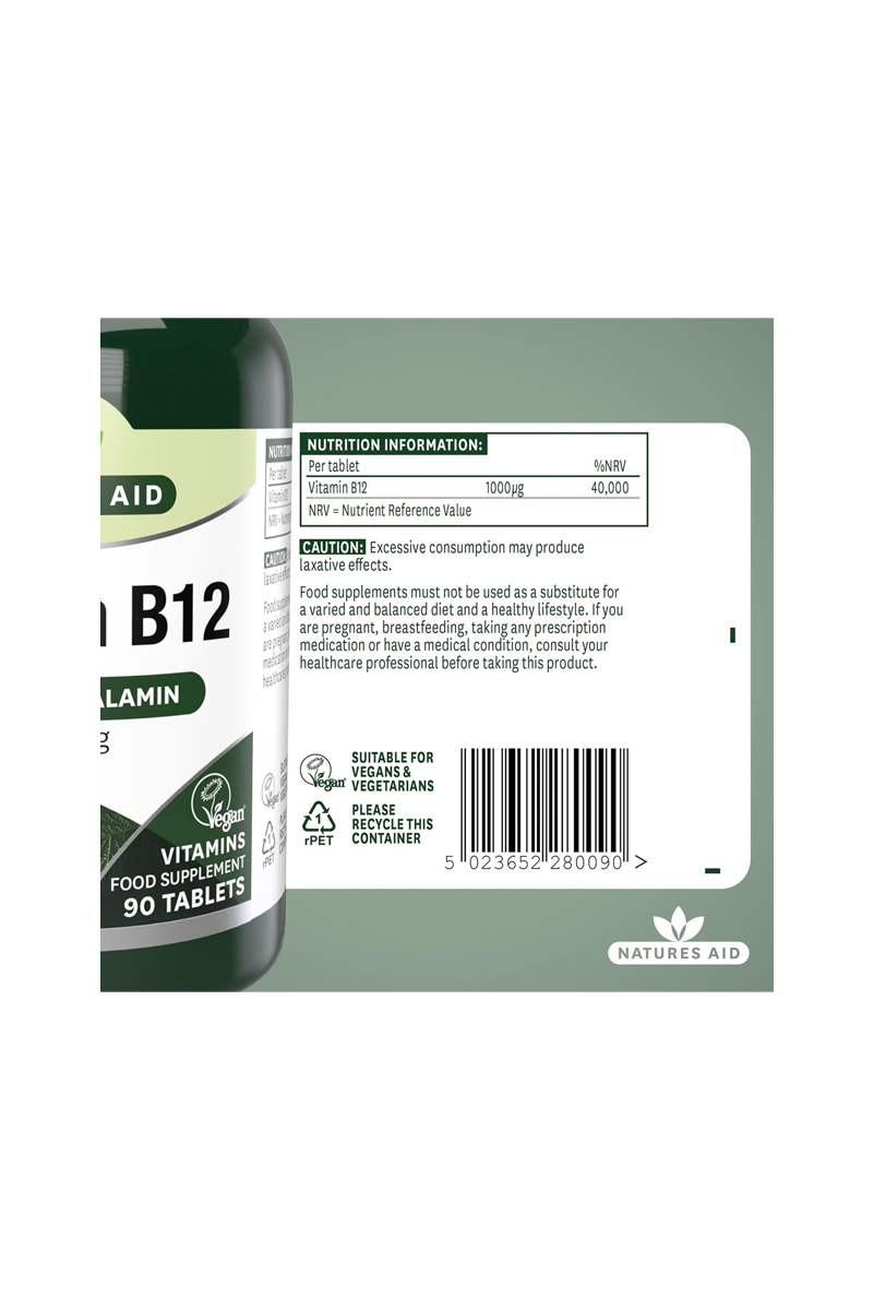 قرص زیرزبانی ویتامین B12 مقدار ۱۰۰۰ میکروگرم Natures Aid - بسته 90 عددی
