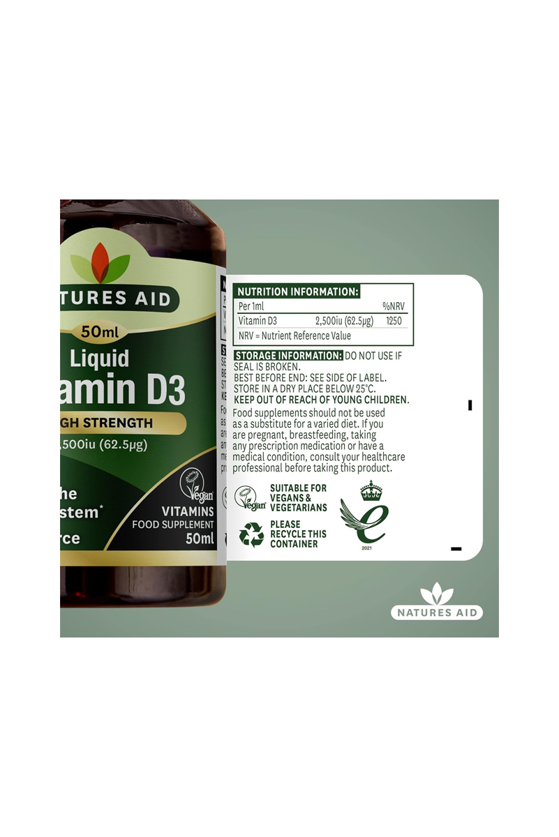 قطره ویتامین D3 مقدار 2500 Iu برند Natures Aid - حجم ۵۰ میلی لیتر