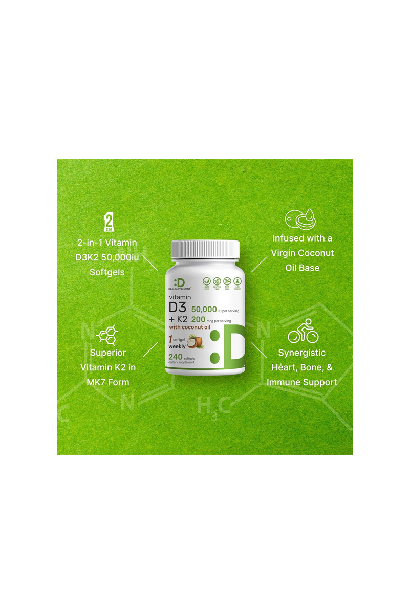 سافت ژل ویتامین D3 و K2 با روغن نارگیل DEAL SUPPLEMENT - بسته 240 عددی